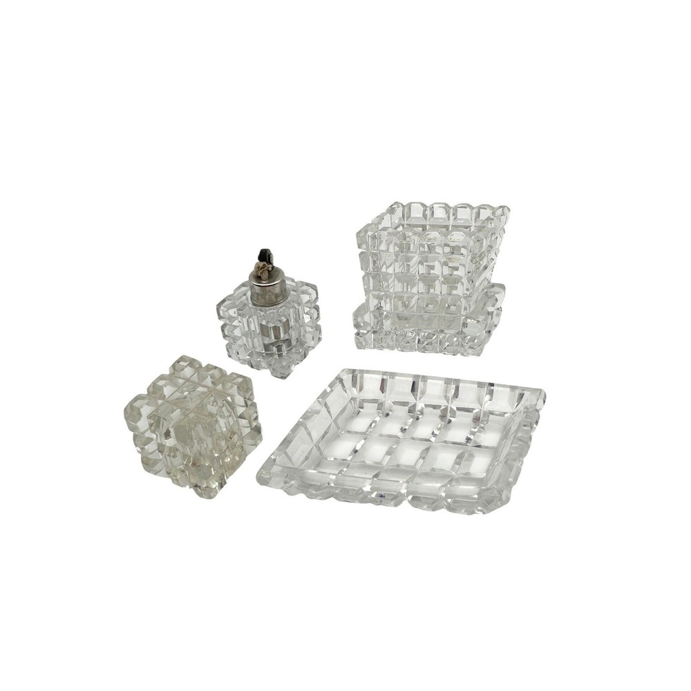 Strikalite Art Deco Cubist Table Lighter‎ Set - Ashtray & Cigarette Holder 3pc